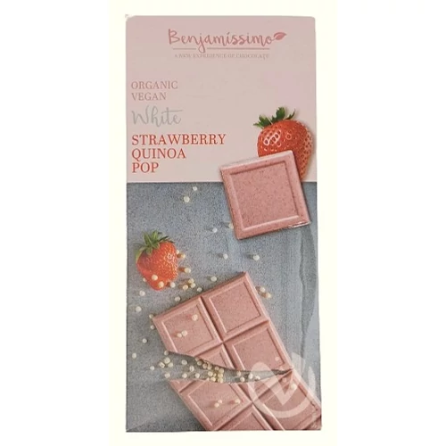 Benjamissimo bio vegán fehércsokoládé eperrel és  puffasztott quinoával 60g