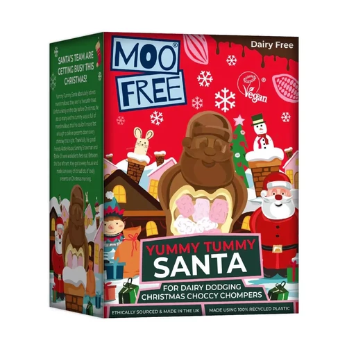 Moo Free Karácsonyi Yummy Tummy Santa Tejmentes Csokoládé Mikulás Pillecukorral 100g